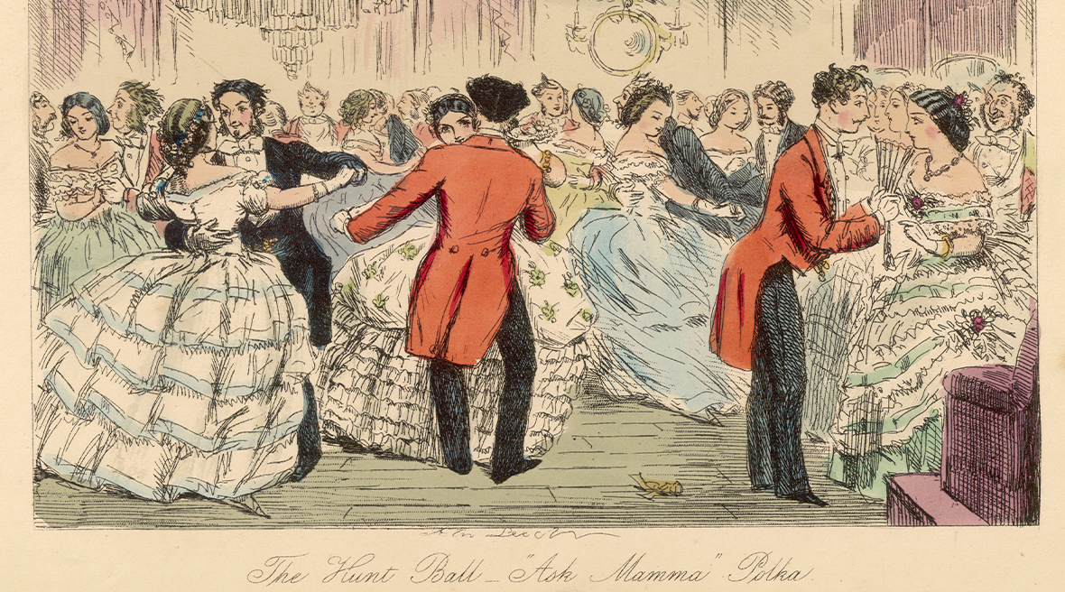 Gravure représentant des couples de danseurs en costumes du 19ème siècle. Inscription “The Hunt Ball –Ask Mamma Polka en bas de la gravure.